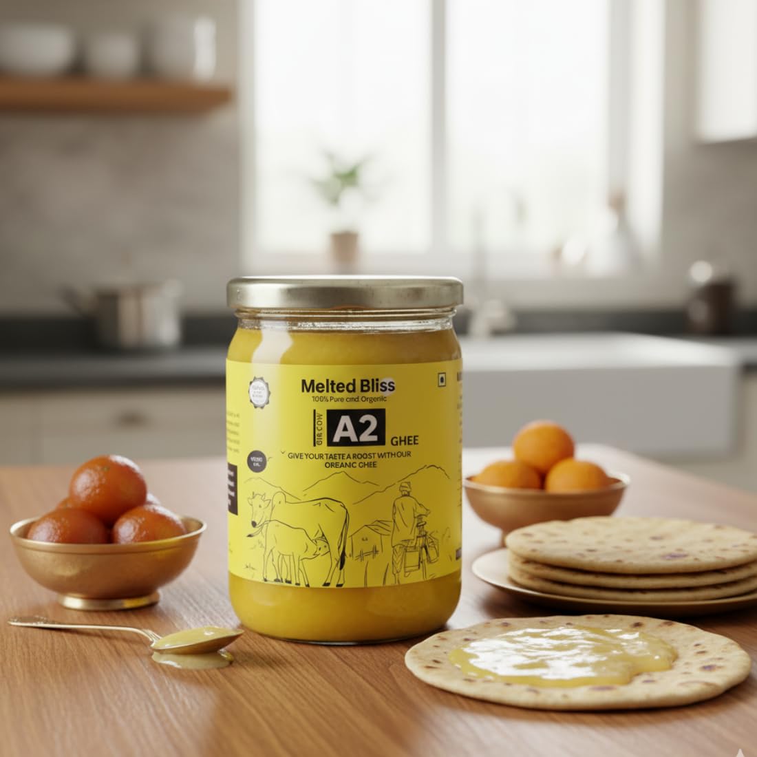 MELTED BLISS® A2 Bilona Cow Ghee | 100% Pure Jaffrabadi Breed Grass Fed | Traditional Desi Ghee in Glass Jar | Lab Tested for Purity | for Cooking, Skin & Hair Care 1000 ml
